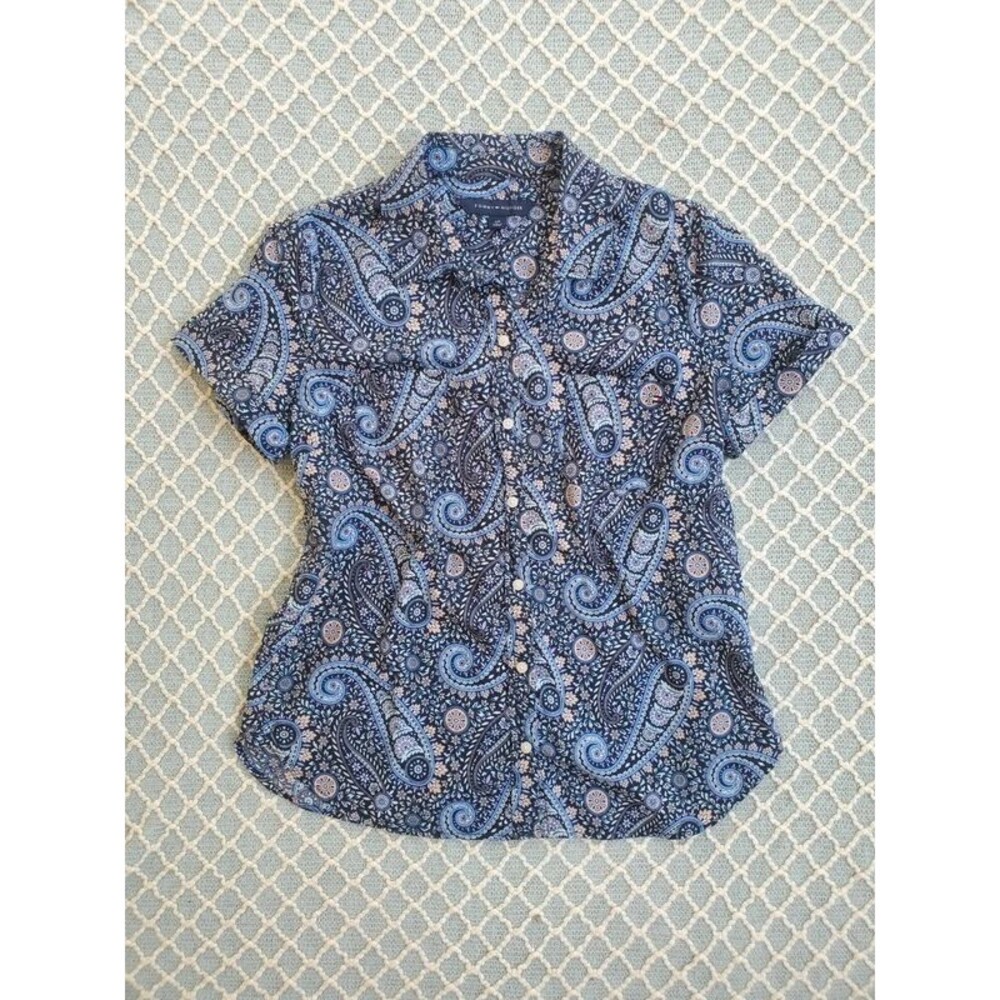 Tommy Hilfiger Paisley Short Sleeve Button Up Size Petite Small